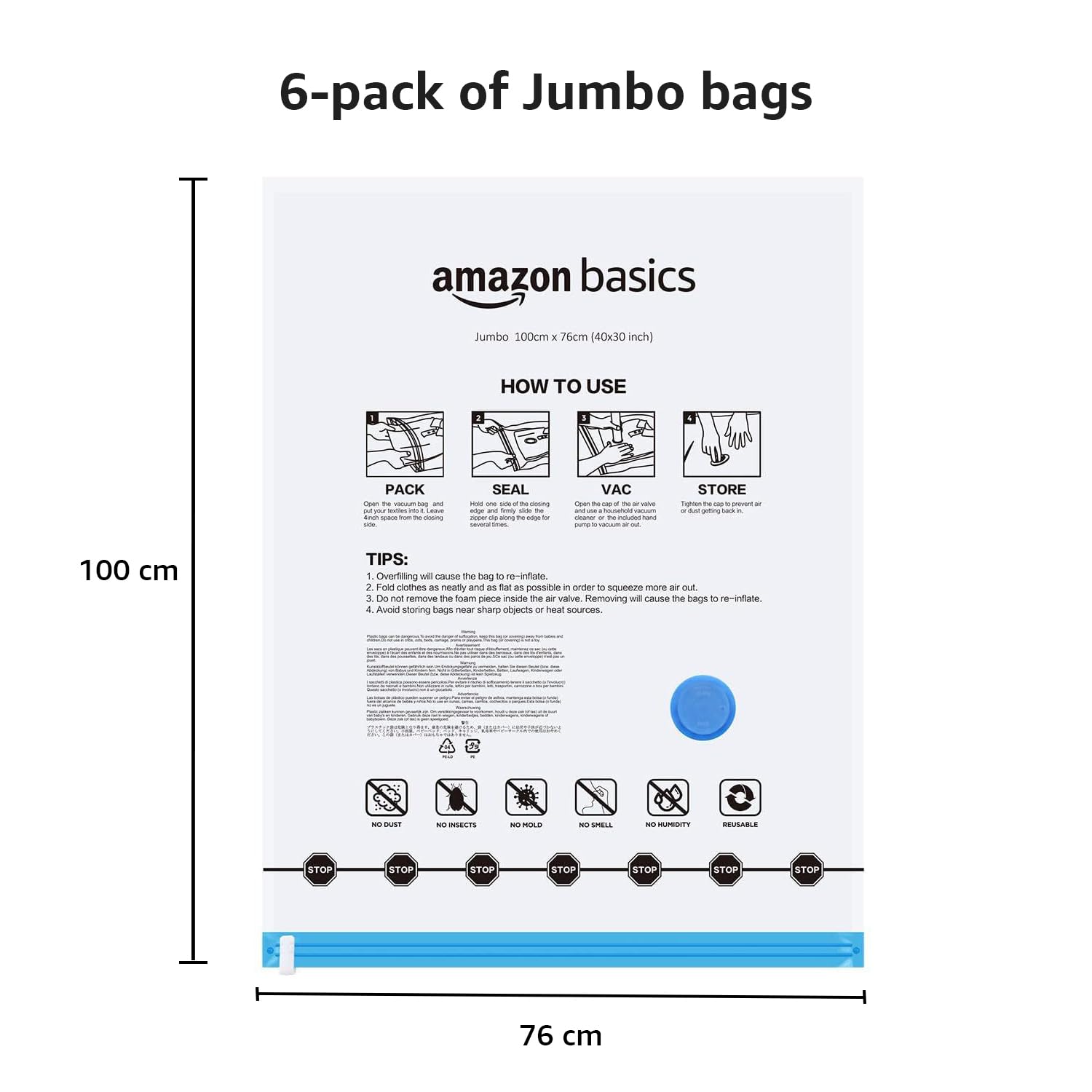 amazon basics Vacuum Compression Storage Bags with Hand Pump - Medium, 5-Pack With Classy and Spacious bag packaging