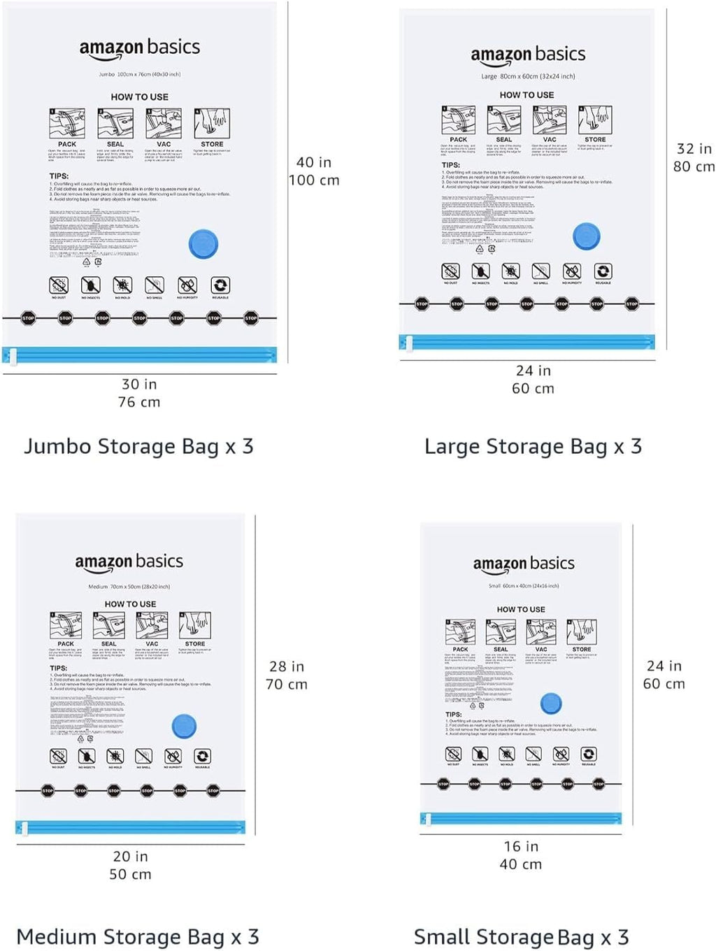 amazon basics Vacuum Compression Storage Bags with Hand Pump - Medium, 5-Pack With Classy and Spacious bag packaging
