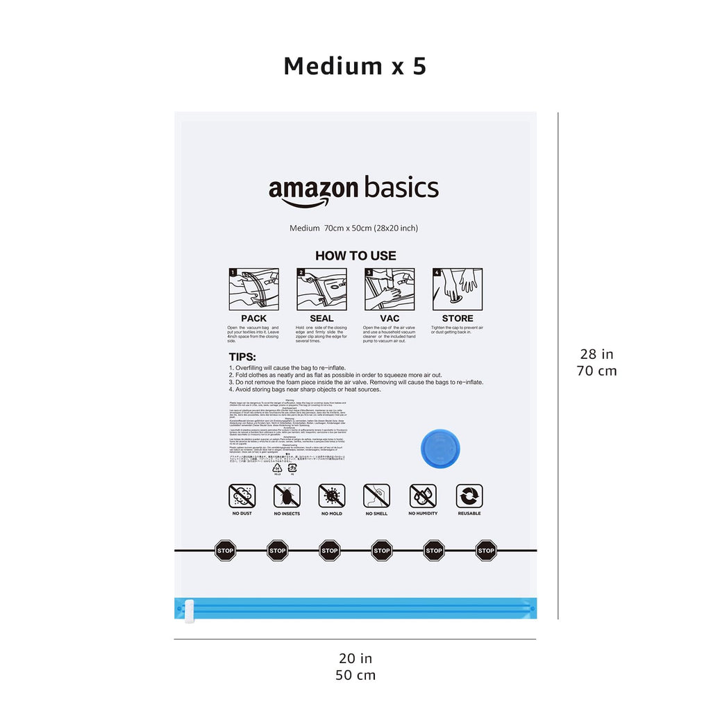 amazon basics Vacuum Compression Storage Bags with Hand Pump - Medium, 5-Pack With Classy and Spacious bag packaging