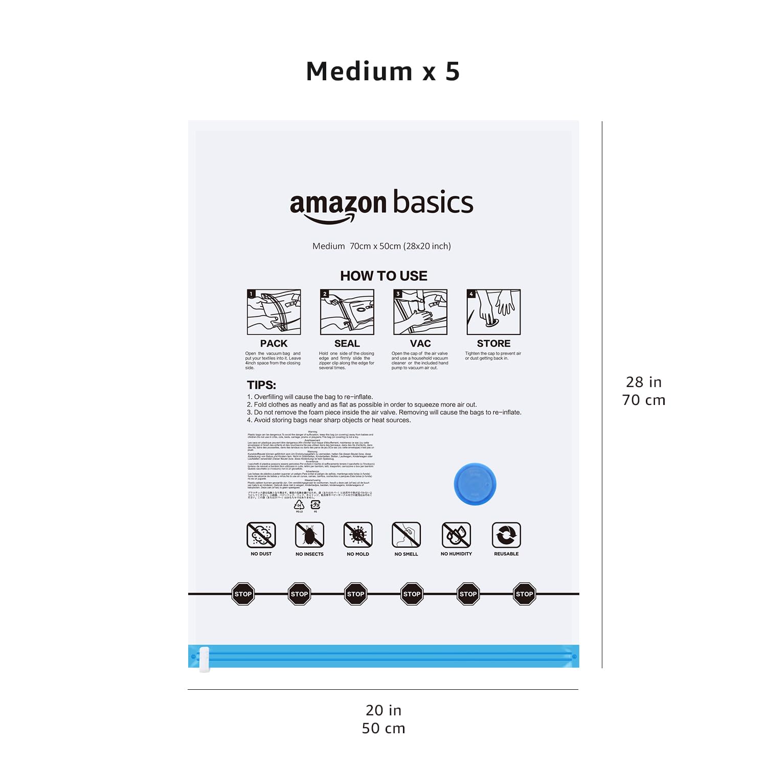 amazon basics Vacuum Compression Storage Bags with Hand Pump - Medium, 5-Pack With Classy and Spacious bag packaging