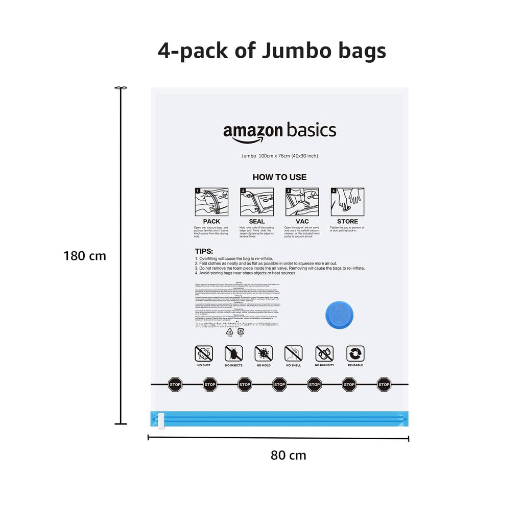amazon basics Vacuum Compression Storage Bags with Hand Pump - Medium, 5-Pack With Classy and Spacious bag packaging