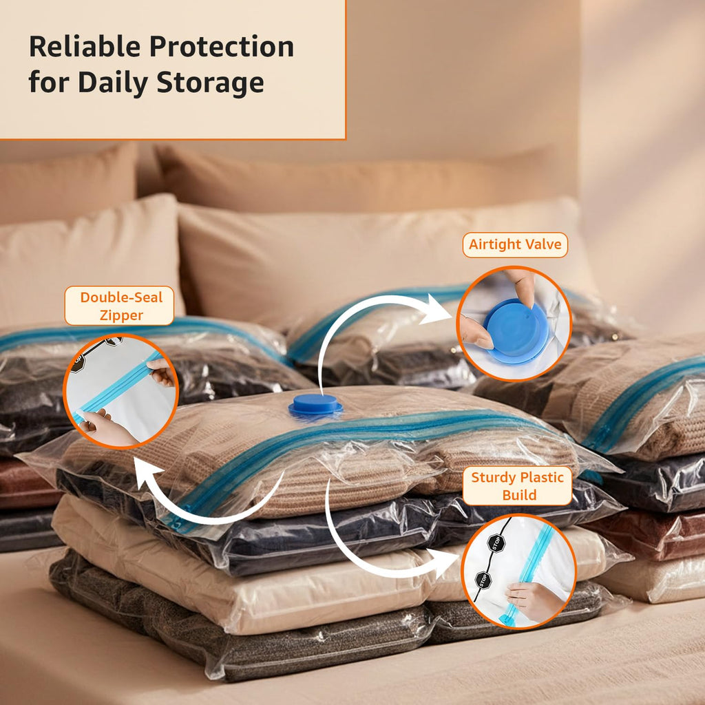 amazon basics Vacuum Compression Storage Bags with Hand Pump - Medium, 5-Pack With Classy and Spacious bag packaging