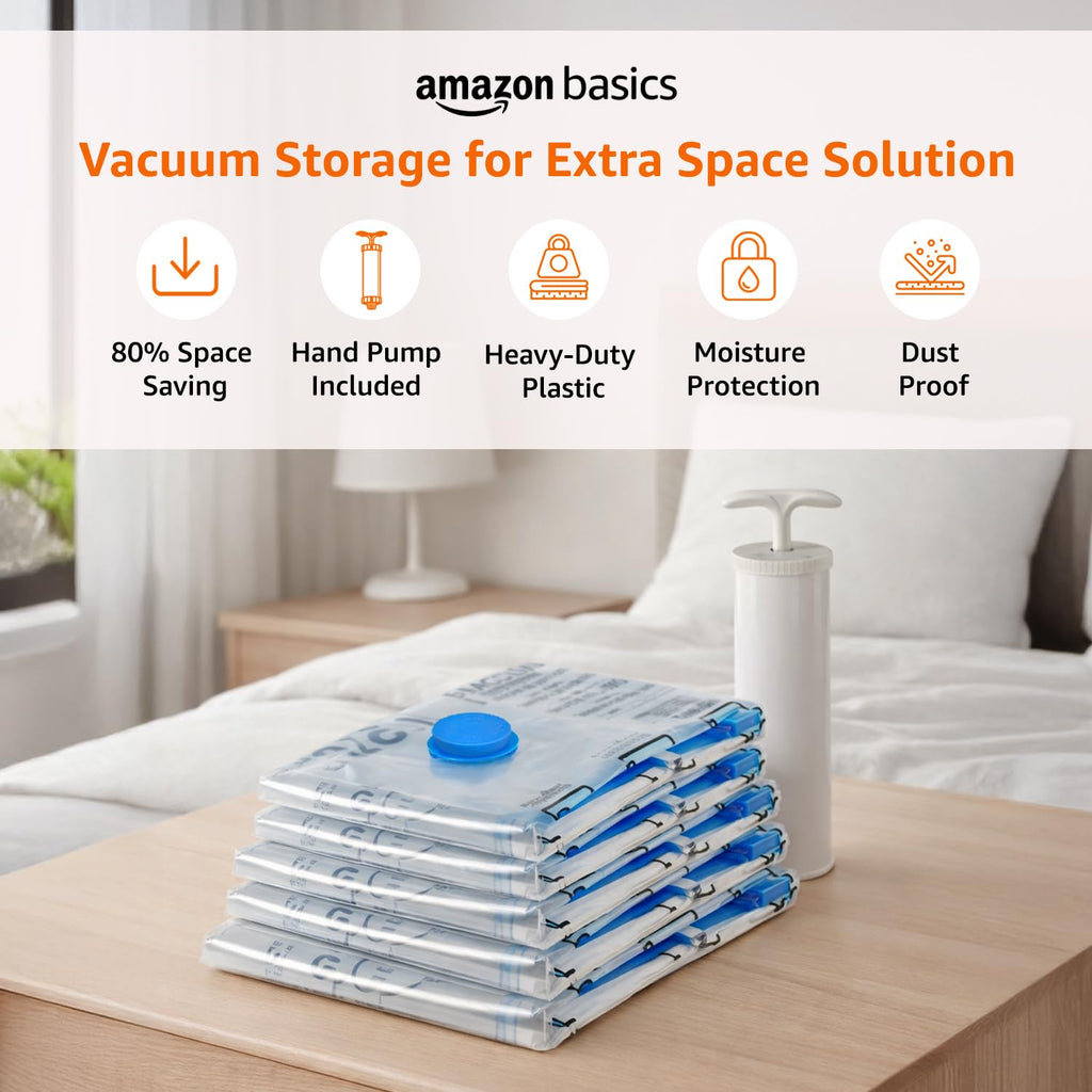 amazon basics Vacuum Compression Storage Bags with Hand Pump - Medium, 5-Pack With Classy and Spacious bag packaging