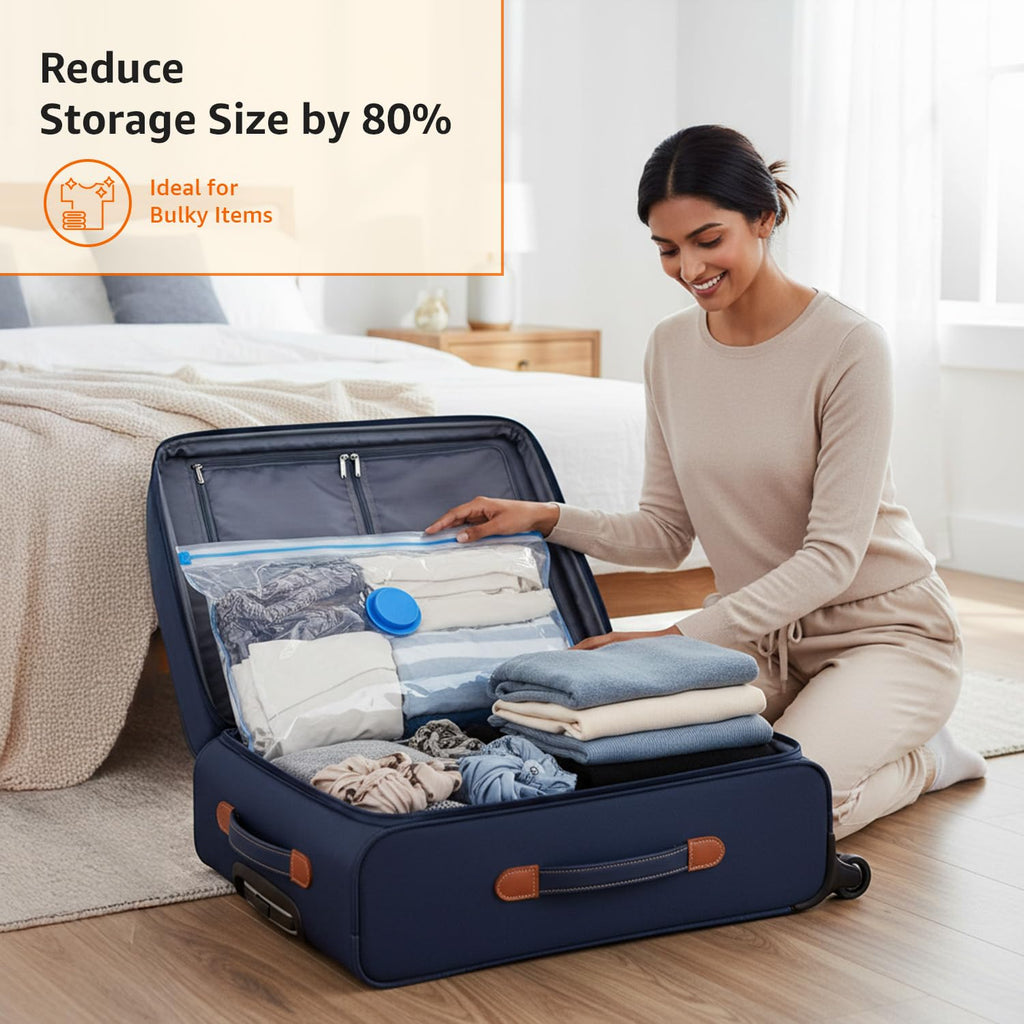 amazon basics Vacuum Compression Storage Bags with Hand Pump - Medium, 5-Pack With Classy and Spacious bag packaging