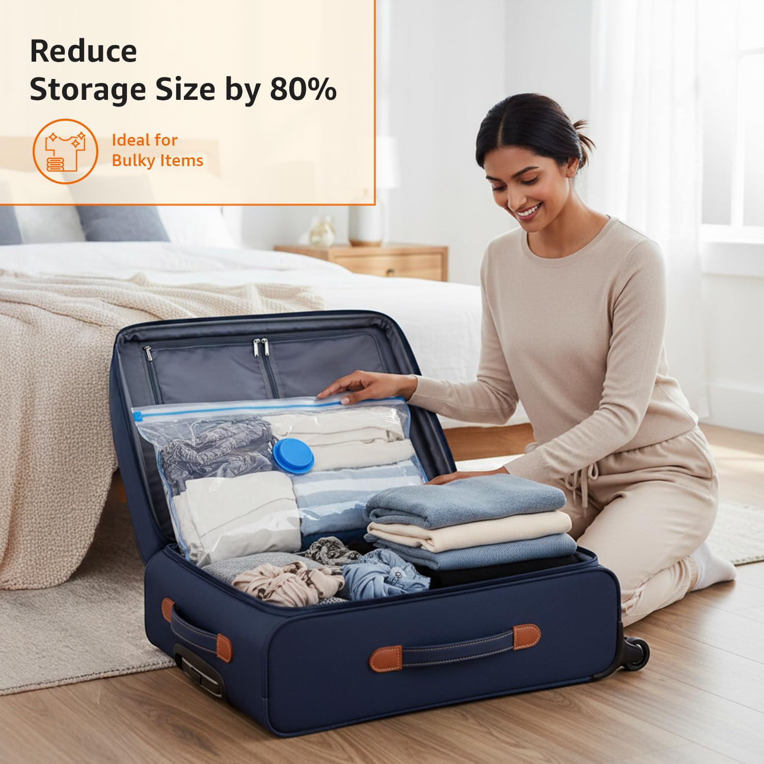 amazon basics Vacuum Compression Storage Bags with Hand Pump - Medium, 5-Pack With Classy and Spacious bag packaging