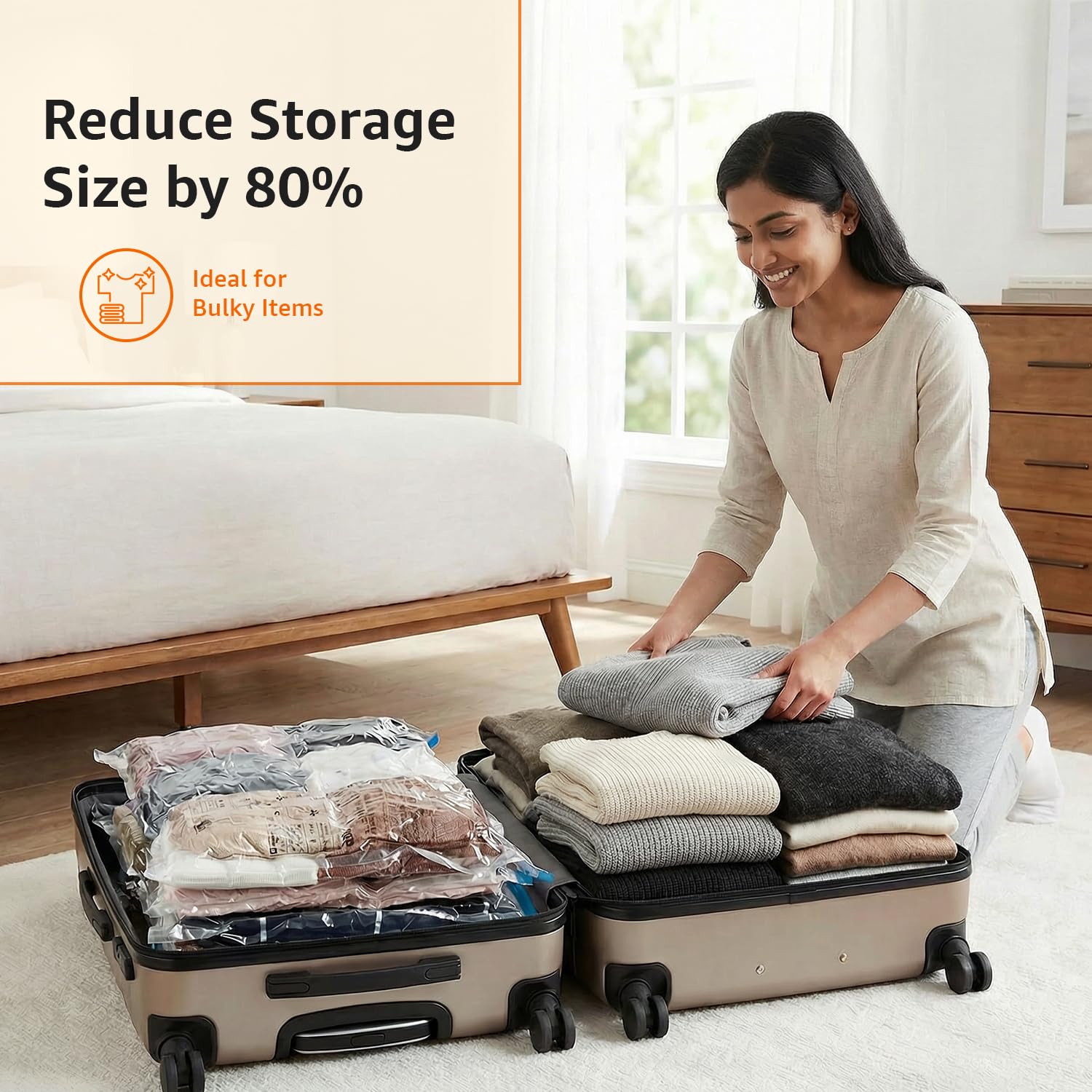 amazon basics Vacuum Compression Storage Bags with Hand Pump - Medium, 5-Pack With Classy and Spacious bag packaging