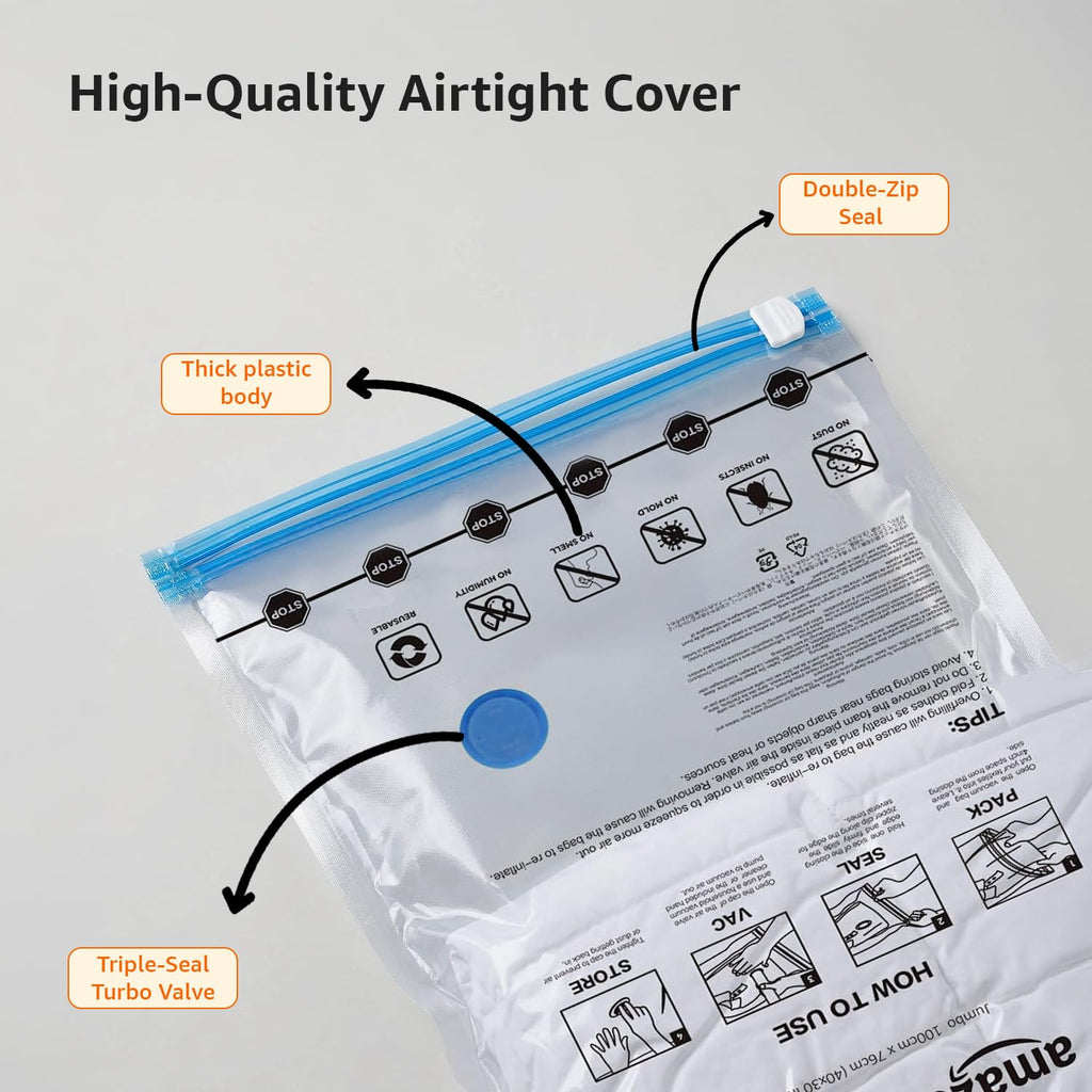 amazon basics Vacuum Compression Storage Bags with Hand Pump - Medium, 5-Pack With Classy and Spacious bag packaging