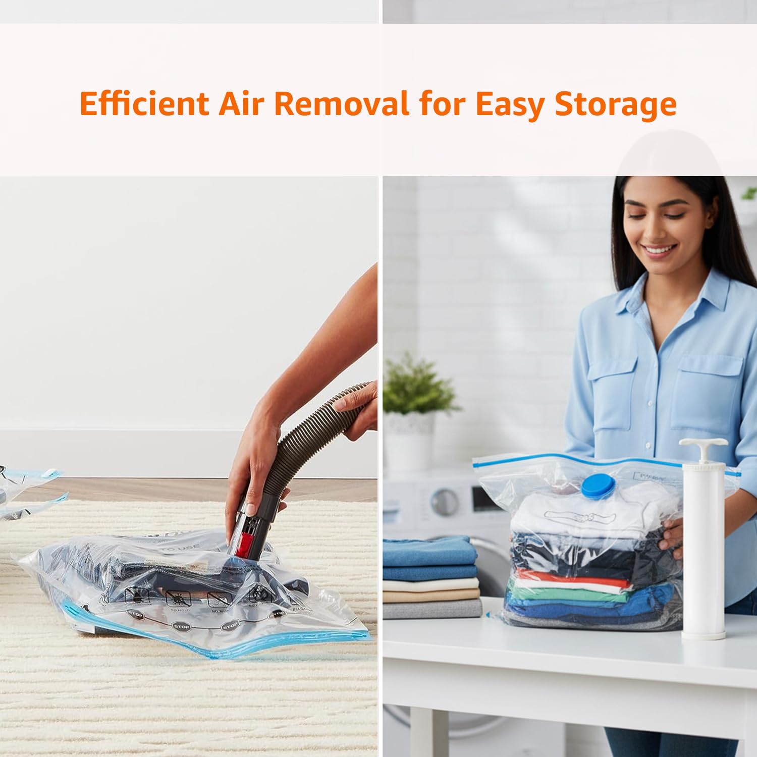 amazon basics Vacuum Compression Storage Bags with Hand Pump - Medium, 5-Pack With Classy and Spacious bag packaging