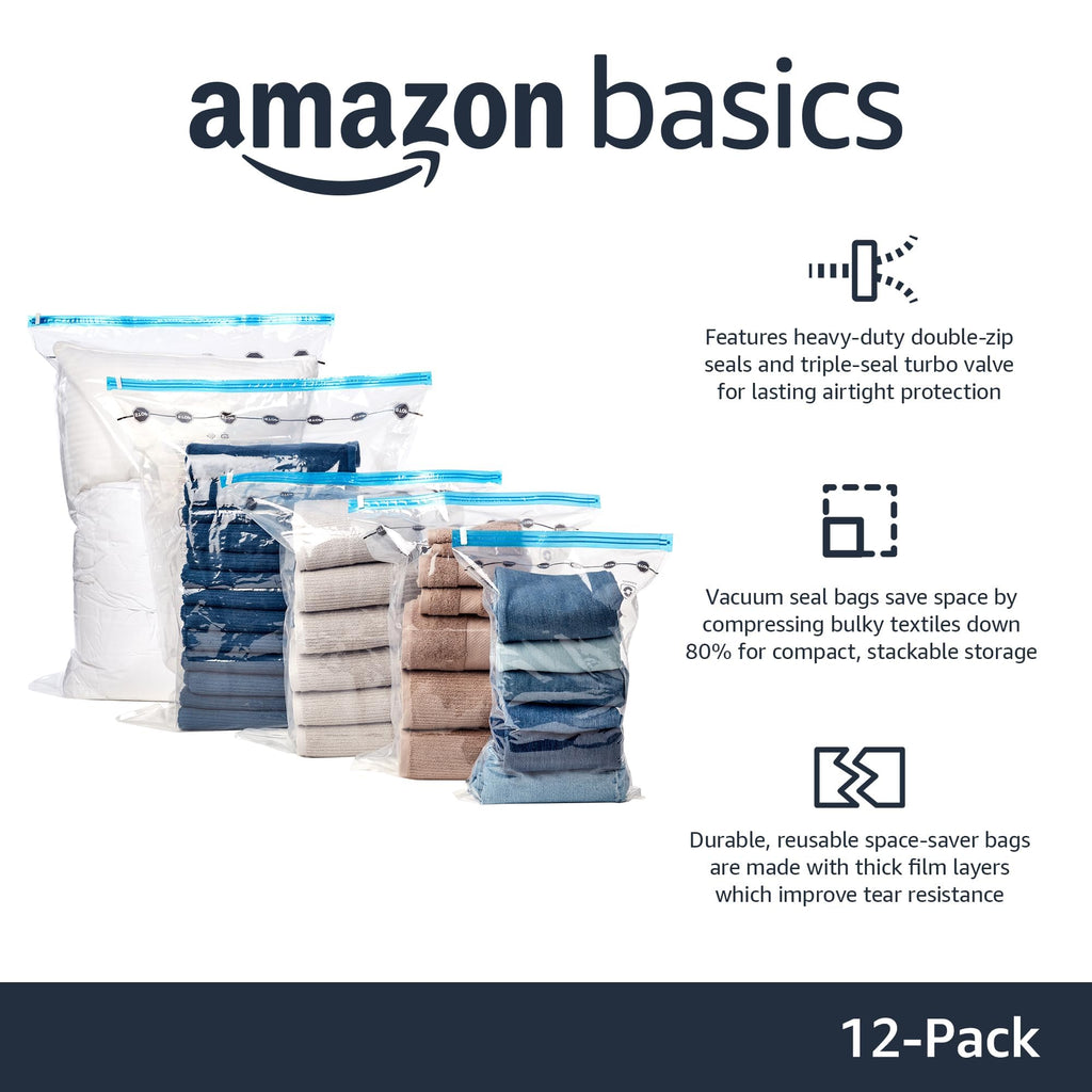 amazon basics Vacuum Compression Storage Bags with Hand Pump - Medium, 5-Pack With Classy and Spacious bag packaging