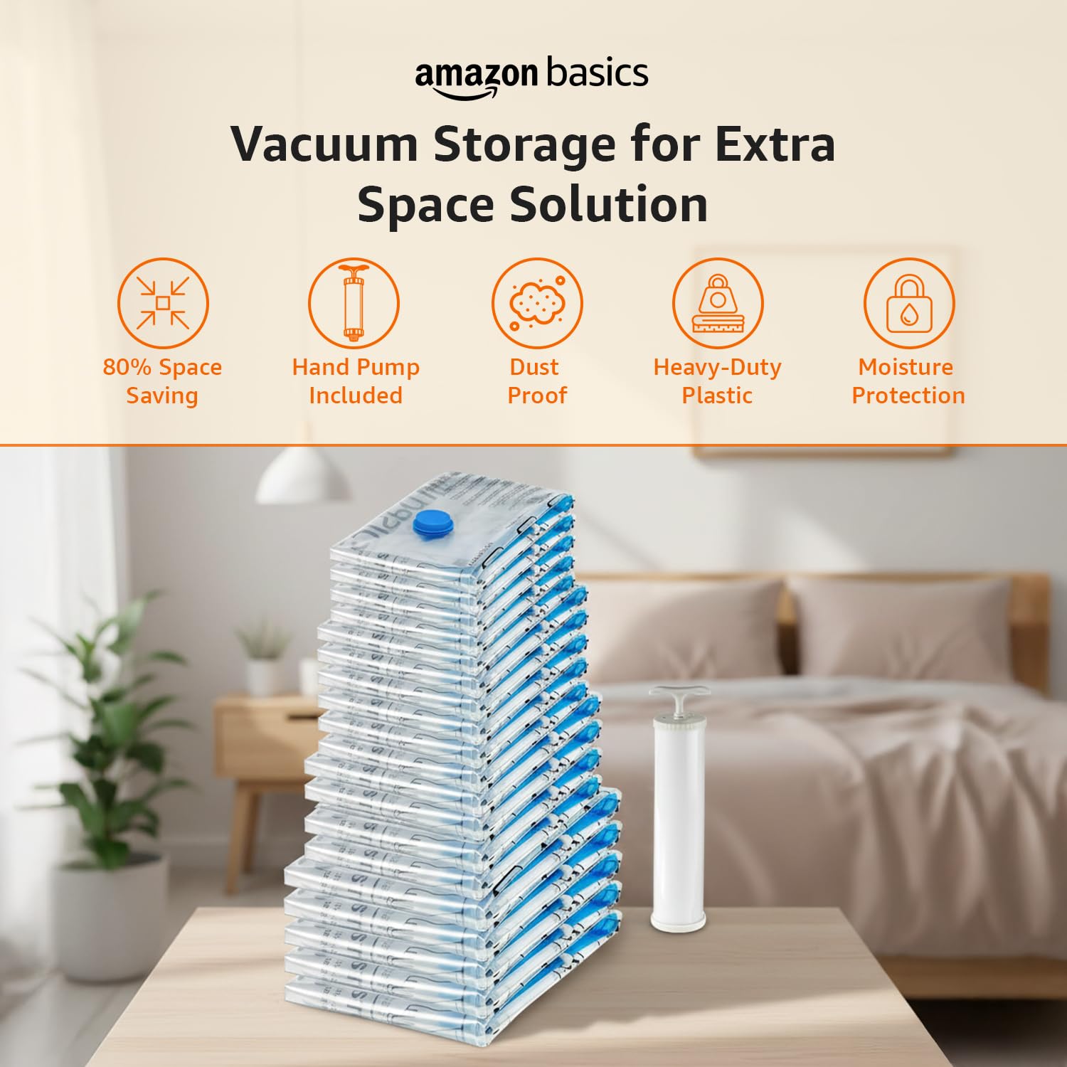 amazon basics Vacuum Compression Storage Bags with Hand Pump - Medium, 5-Pack With Classy and Spacious bag packaging