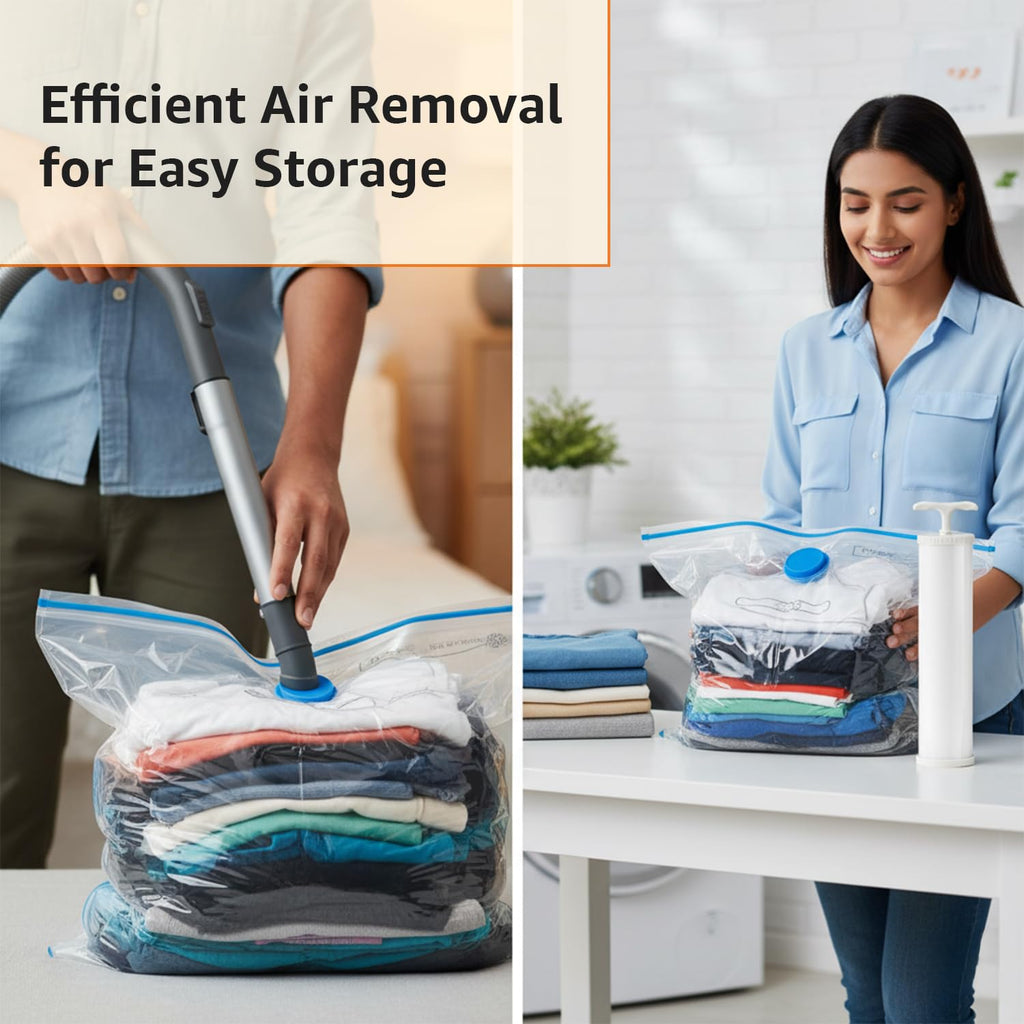 amazon basics Vacuum Compression Storage Bags with Hand Pump - Medium, 5-Pack With Classy and Spacious bag packaging