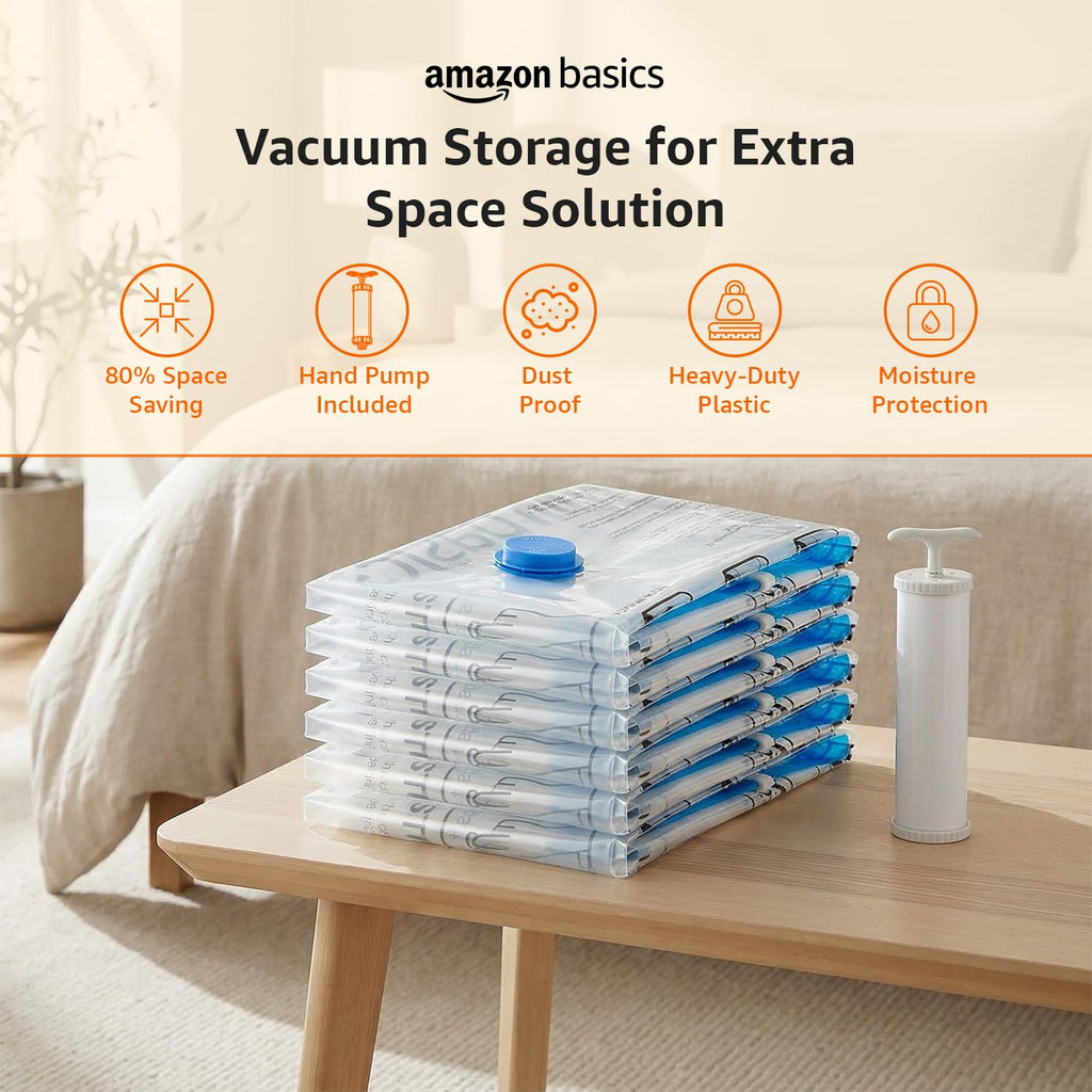 amazon basics Vacuum Compression Storage Bags with Hand Pump - Medium, 5-Pack With Classy and Spacious bag packaging