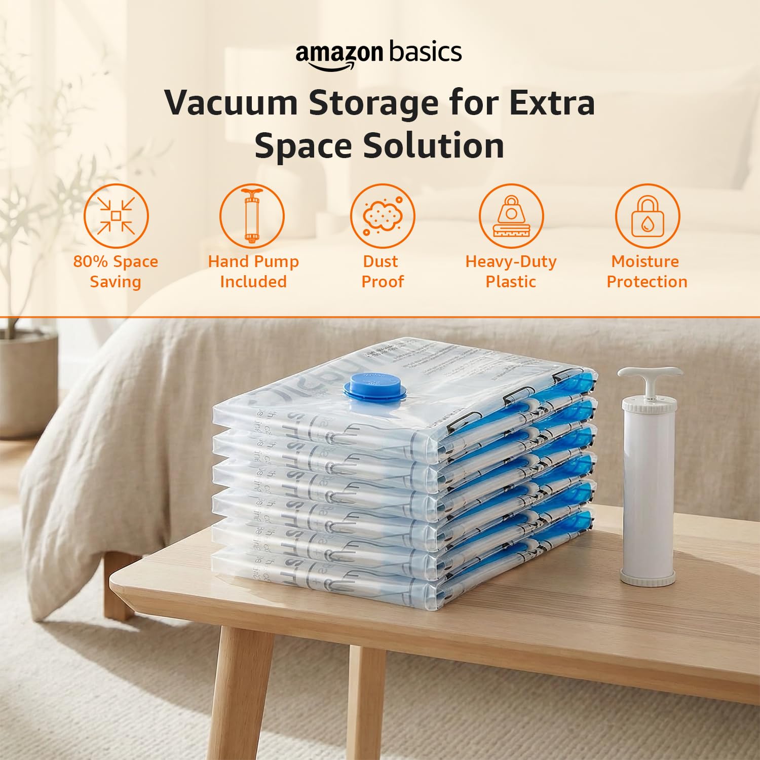 amazon basics Vacuum Compression Storage Bags with Hand Pump - Medium, 5-Pack With Classy and Spacious bag packaging