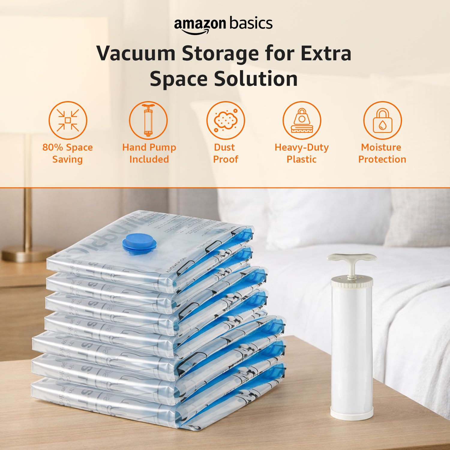 amazon basics Vacuum Compression Storage Bags with Hand Pump - Medium, 5-Pack With Classy and Spacious bag packaging