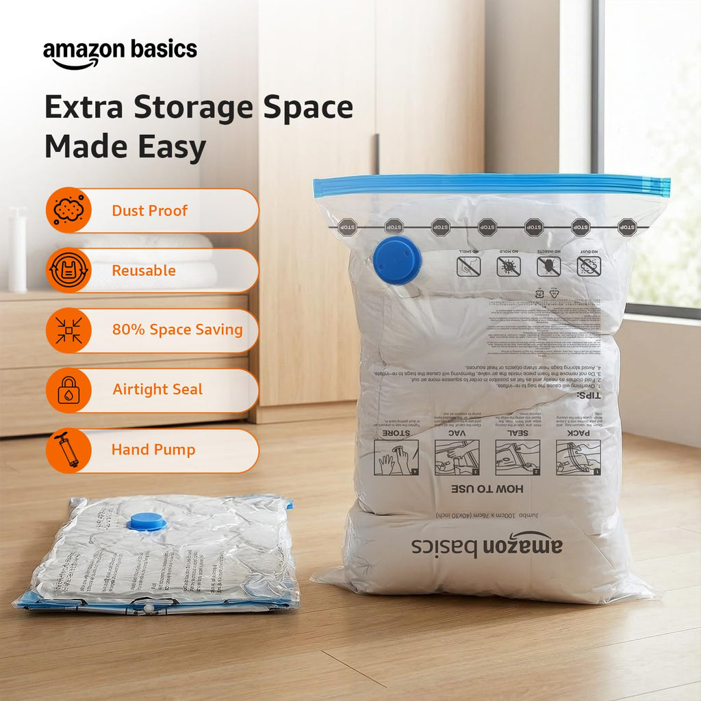 amazon basics Vacuum Compression Storage Bags with Hand Pump - Medium, 5-Pack With Classy and Spacious bag packaging