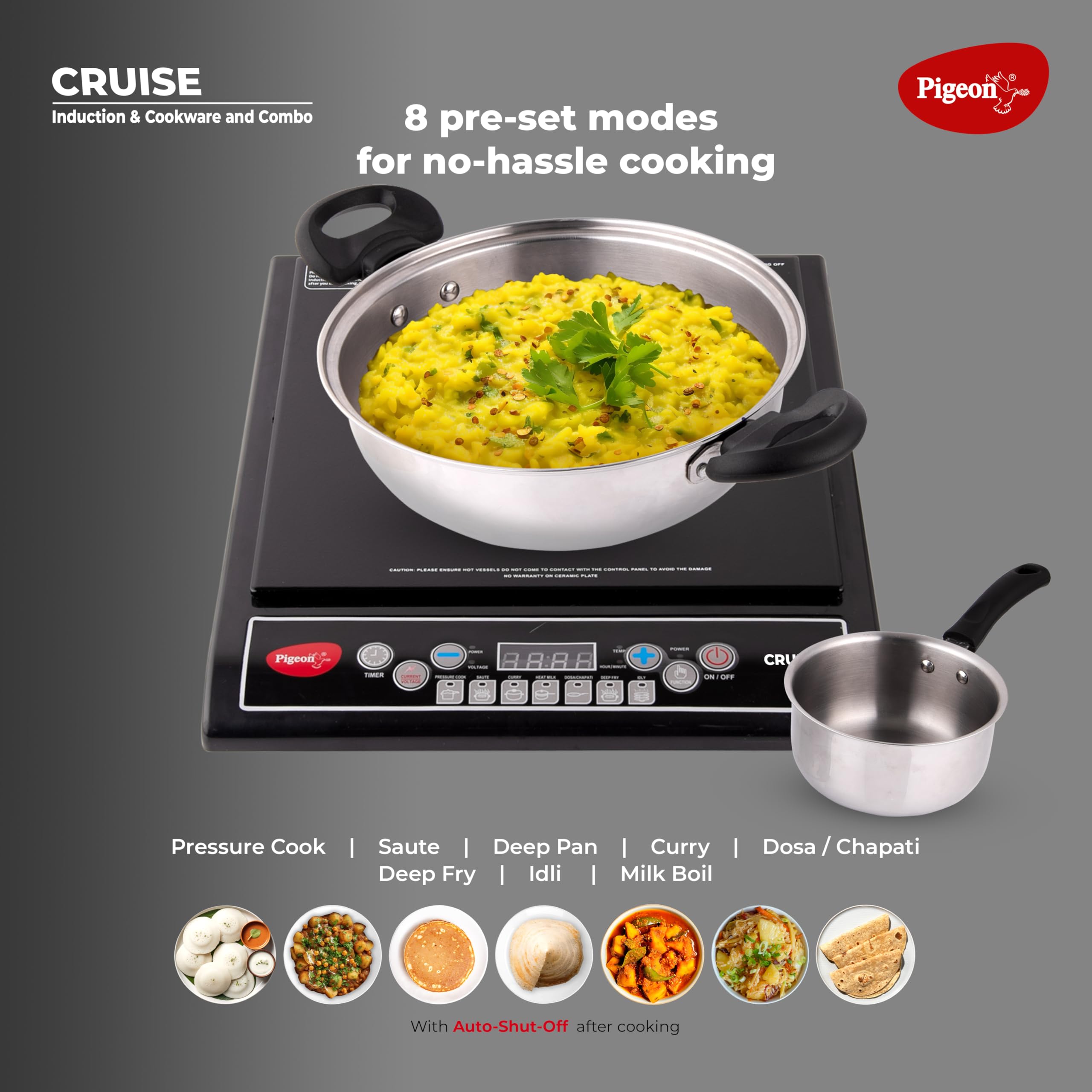 Pigeon by Stovekraft Cruise 1800 watt Induction Cooktop With Crystal Glass,7 Segments LED Display, Auto Switch Off - Black
