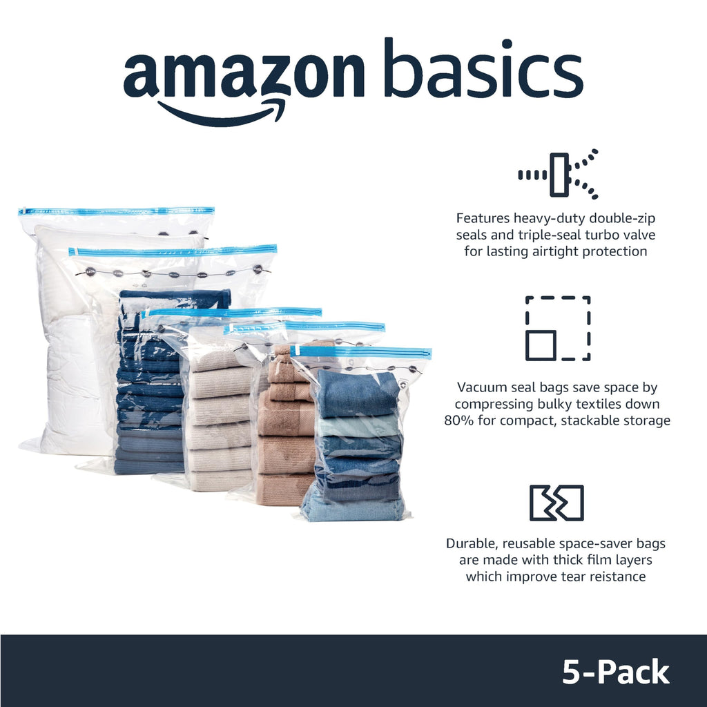 amazon basics Vacuum Compression Storage Bags with Hand Pump - Medium, 5-Pack With Classy and Spacious bag packaging
