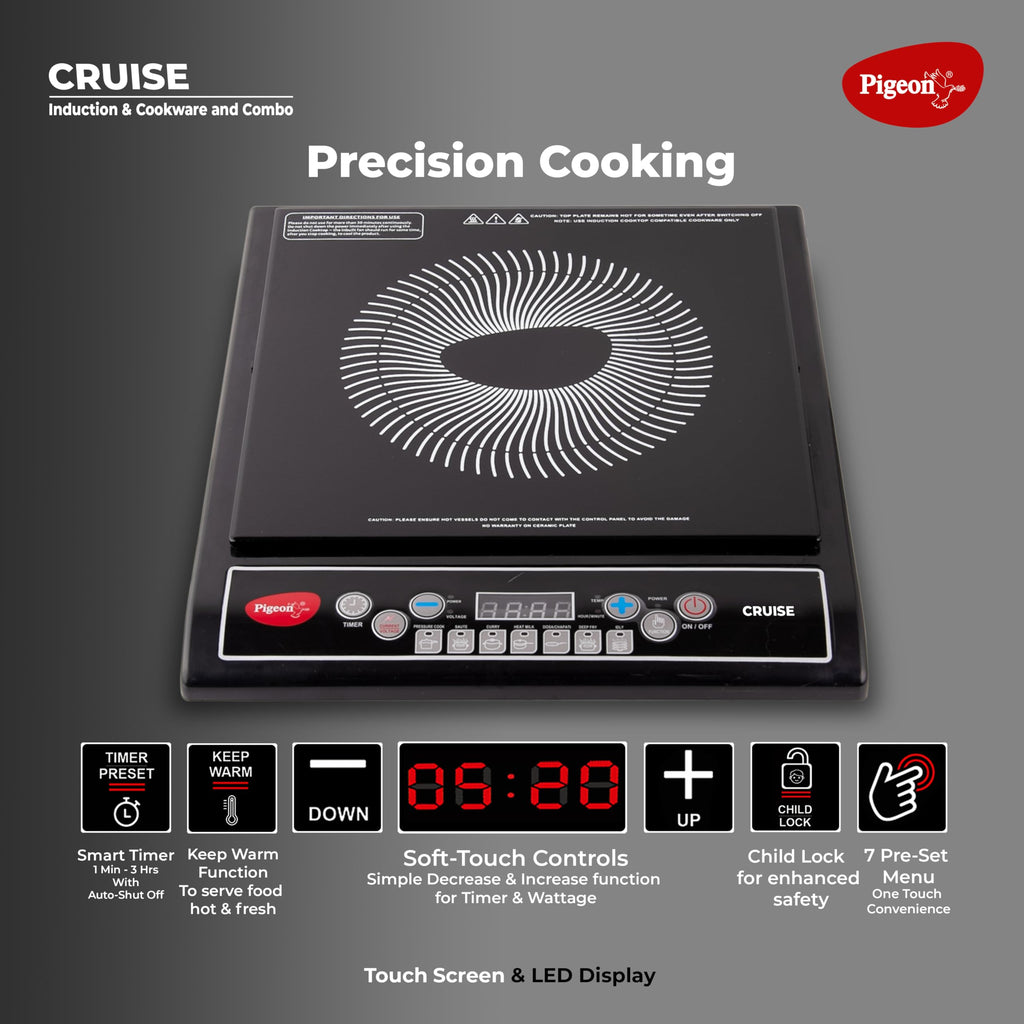 Pigeon by Stovekraft Cruise 1800 watt Induction Cooktop With Crystal Glass,7 Segments LED Display, Auto Switch Off - Black