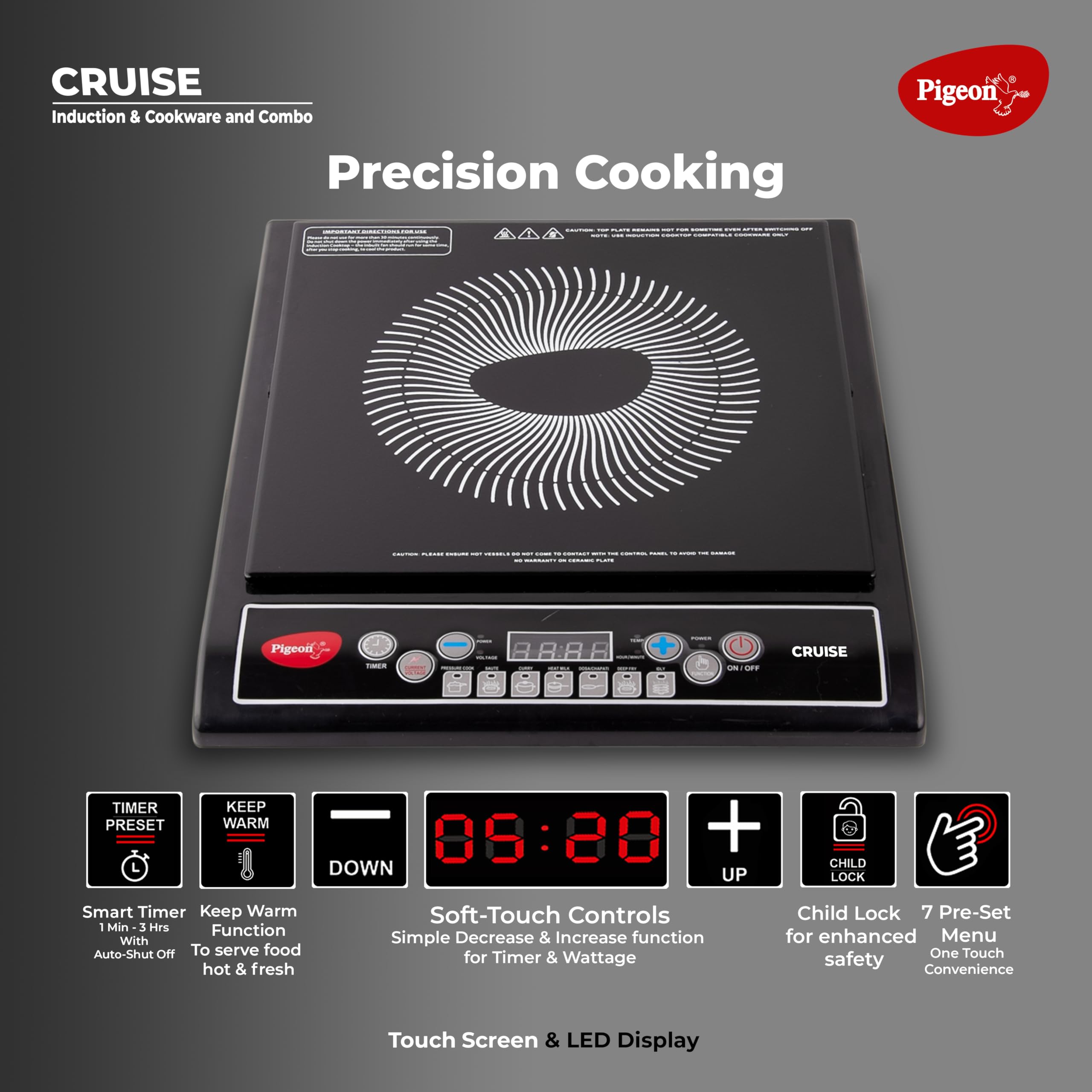 Pigeon by Stovekraft Cruise 1800 watt Induction Cooktop With Crystal Glass,7 Segments LED Display, Auto Switch Off - Black