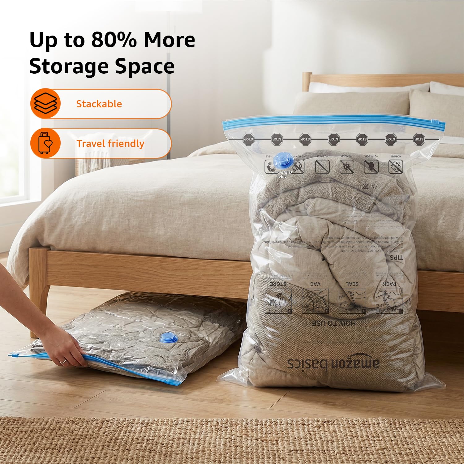 amazon basics Vacuum Compression Storage Bags with Hand Pump - Medium, 5-Pack With Classy and Spacious bag packaging
