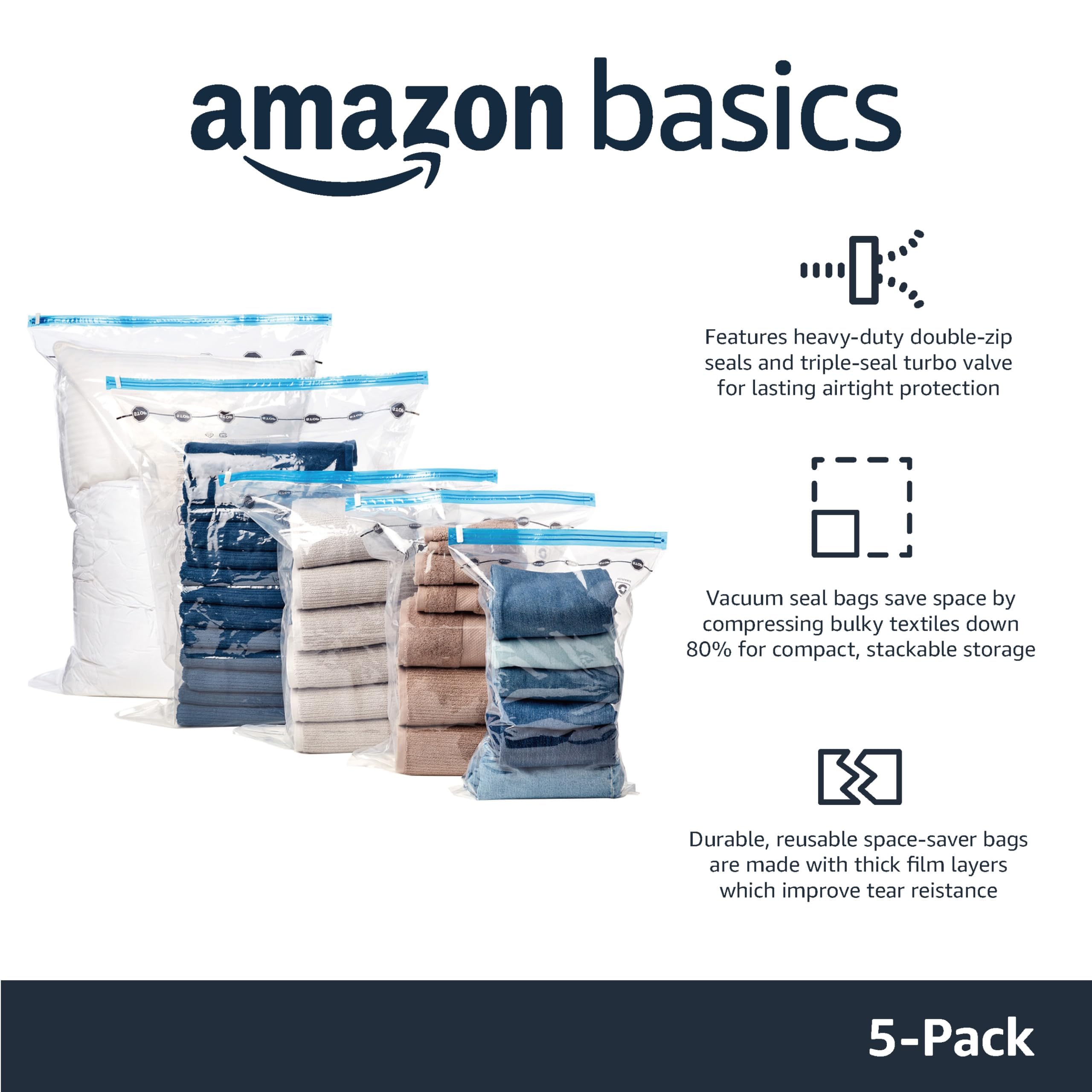 amazon basics Vacuum Compression Storage Bags with Hand Pump - Medium, 5-Pack With Classy and Spacious bag packaging